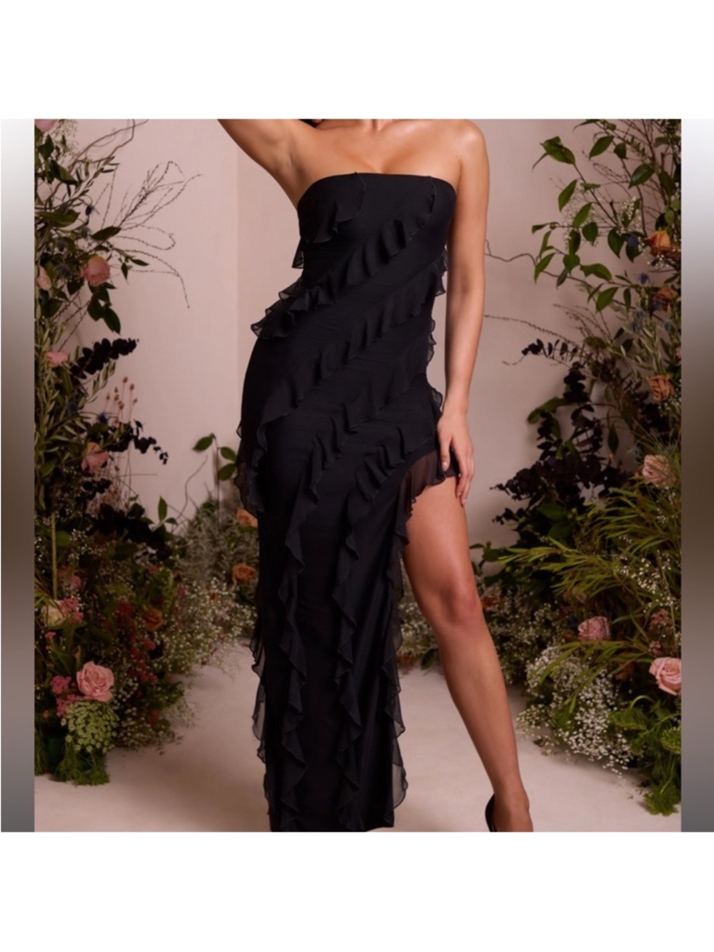 Oh Polly Strapless Black Ruffled Dress XS